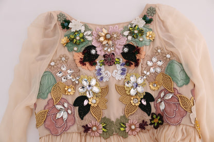 Robe longue en soie rose à motifs floraux et cristaux de Dolce & Gabbana