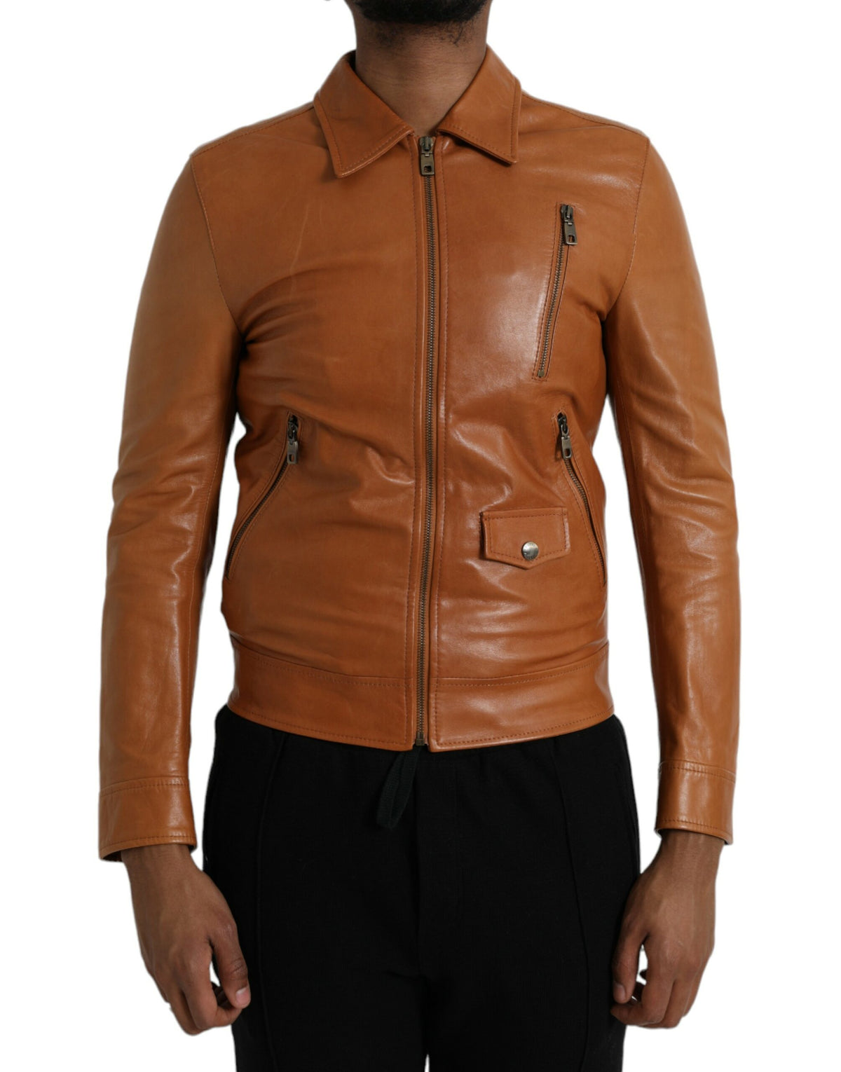 Blouson en cuir d'agneau marron à fermeture éclair intégrale de Dolce & Gabbana