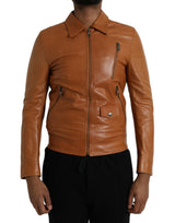 Blouson en cuir d'agneau marron à fermeture éclair intégrale de Dolce & Gabbana