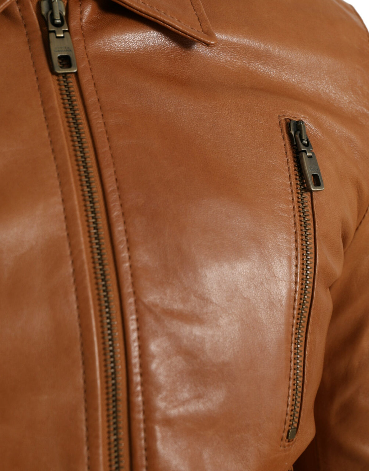 Blouson en cuir d'agneau marron à fermeture éclair intégrale de Dolce & Gabbana