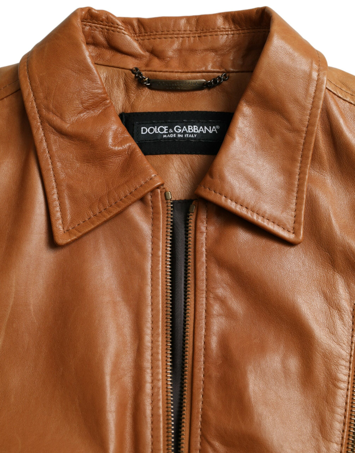 Blouson en cuir d'agneau marron à fermeture éclair intégrale de Dolce & Gabbana