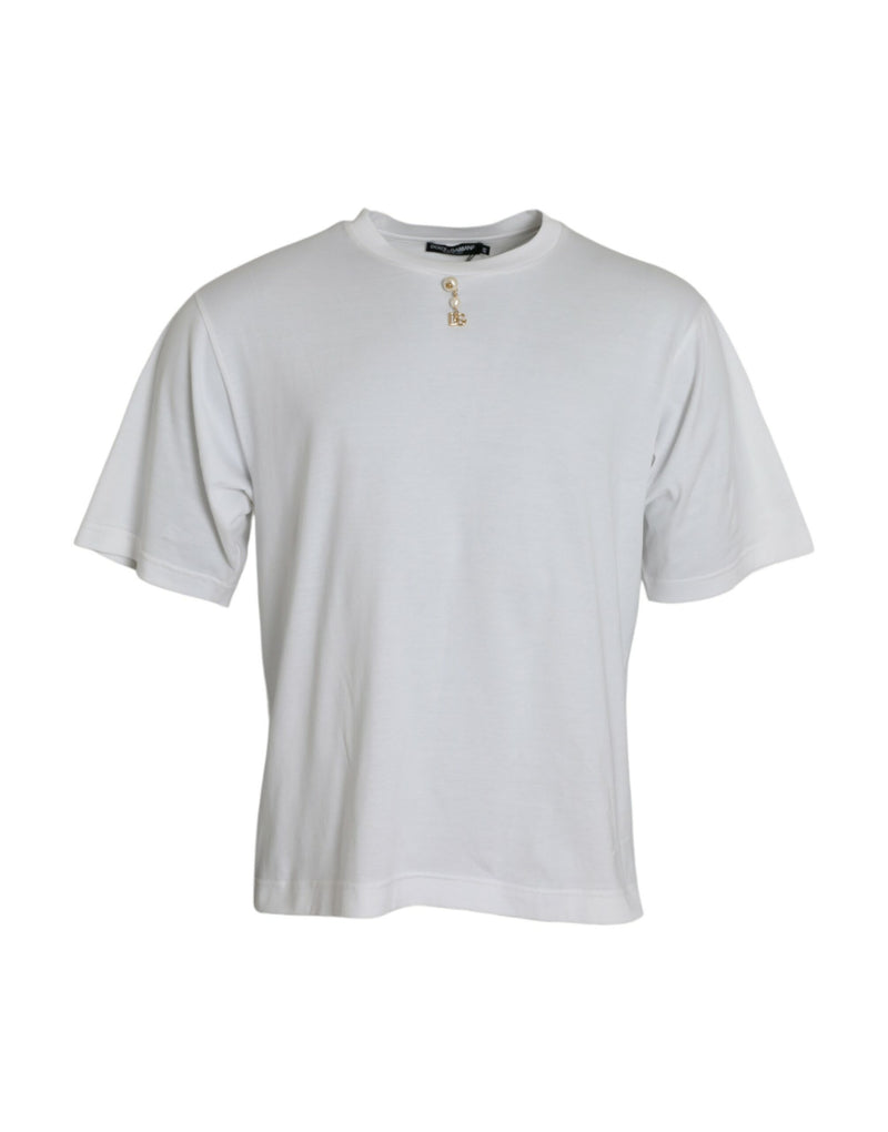 T-shirt blanc en coton à col rond et ornements de Dolce &amp; Gabbana