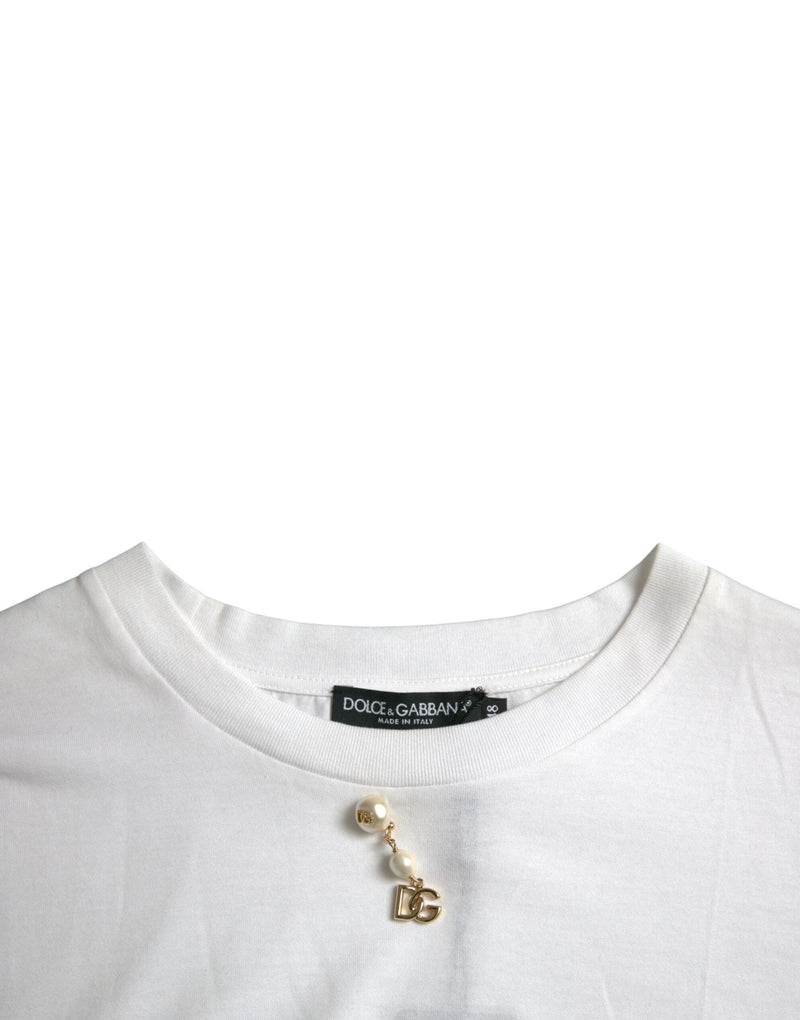 T-shirt blanc en coton à col rond et ornements de Dolce &amp; Gabbana