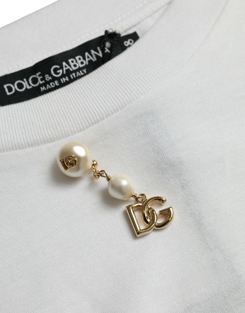 T-shirt blanc en coton à col rond et ornements de Dolce &amp; Gabbana