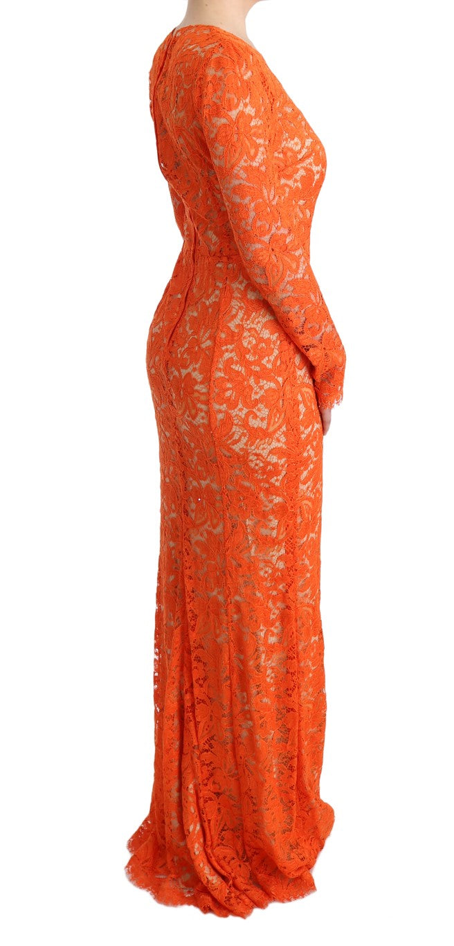 Robe longue portefeuille Dolce &amp; Gabbana en orange brodée de fleurs.