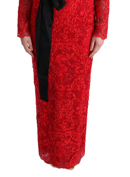 Robe longue moulante brodée à motifs floraux rouges de Dolce &amp; Gabbana