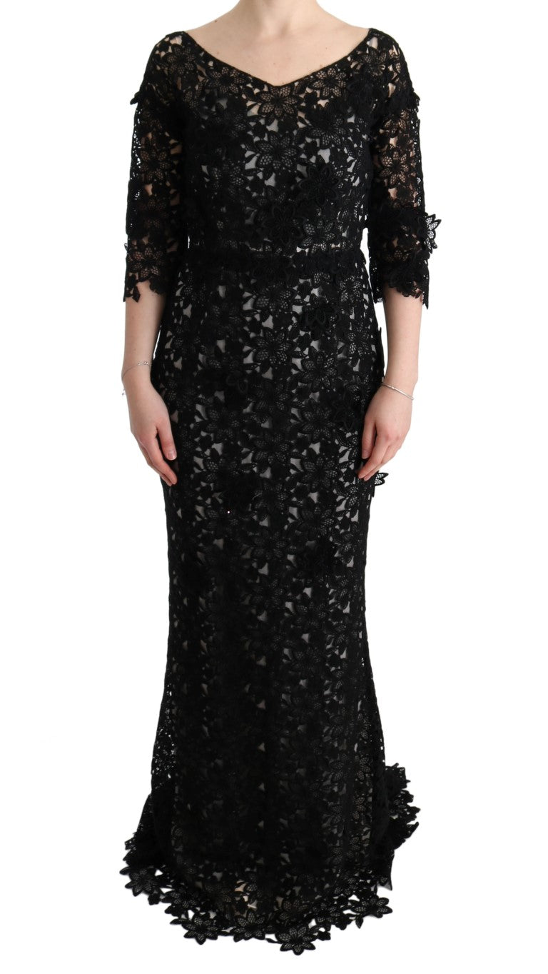 Robe longue en coton et soie noire à motifs floraux de Dolce &amp; Gabbana