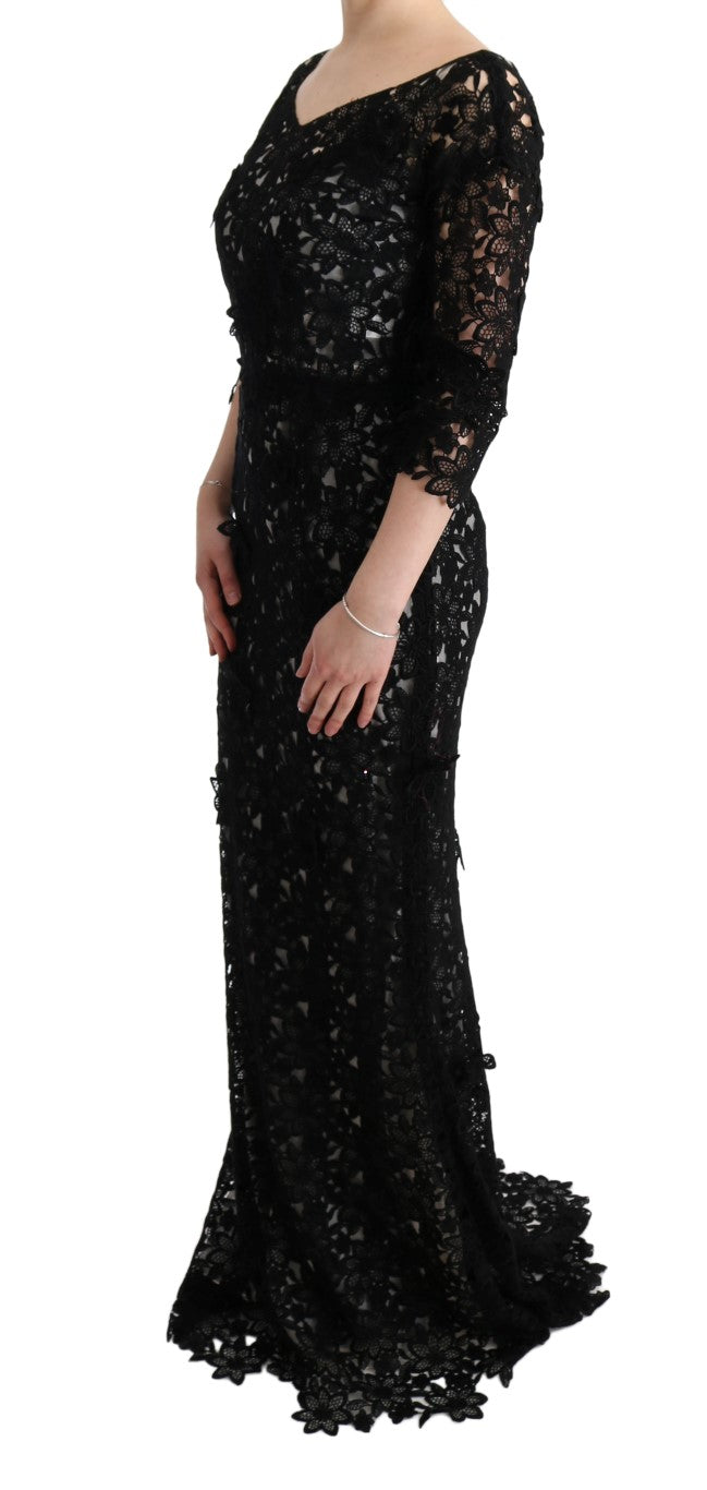 Robe longue en coton et soie noire à motifs floraux de Dolce &amp; Gabbana