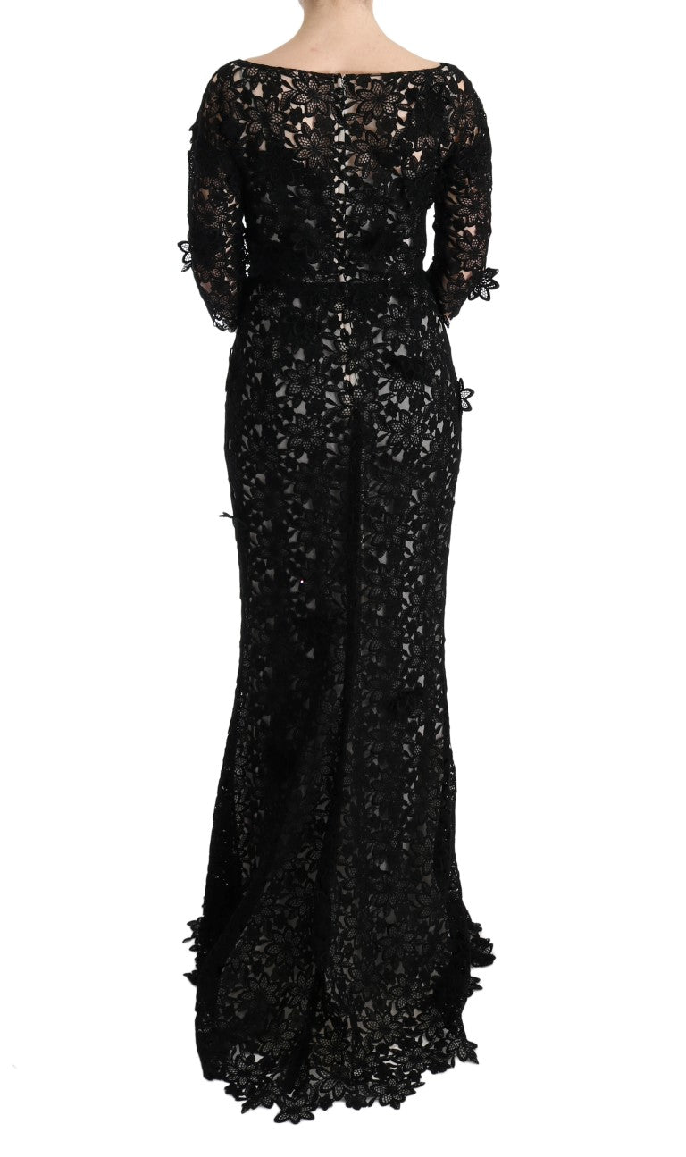 Robe longue en coton et soie noire à motifs floraux de Dolce &amp; Gabbana