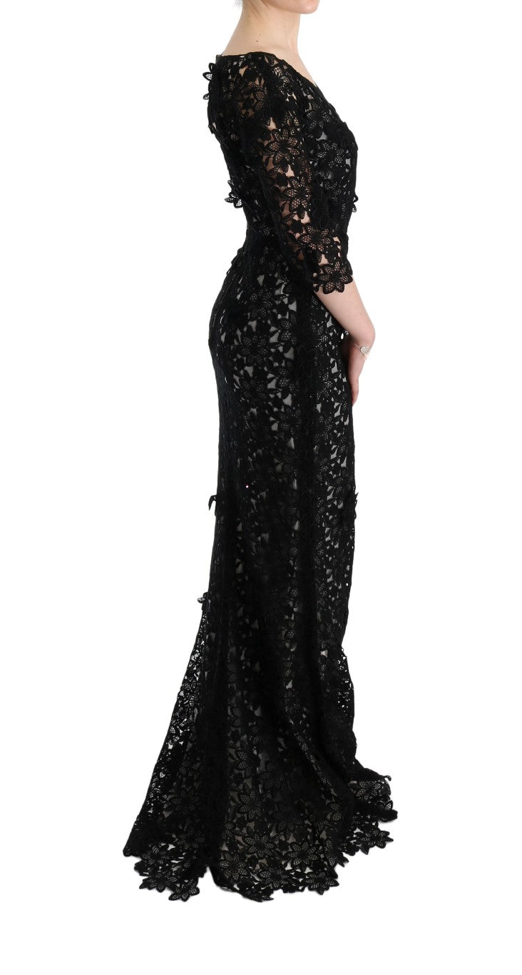 Robe longue en coton et soie noire à motifs floraux de Dolce &amp; Gabbana