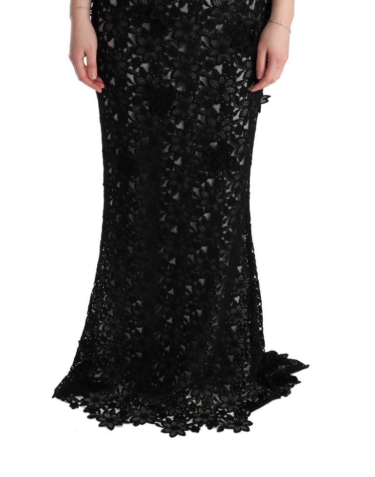 Robe longue en coton et soie noire à motifs floraux de Dolce &amp; Gabbana