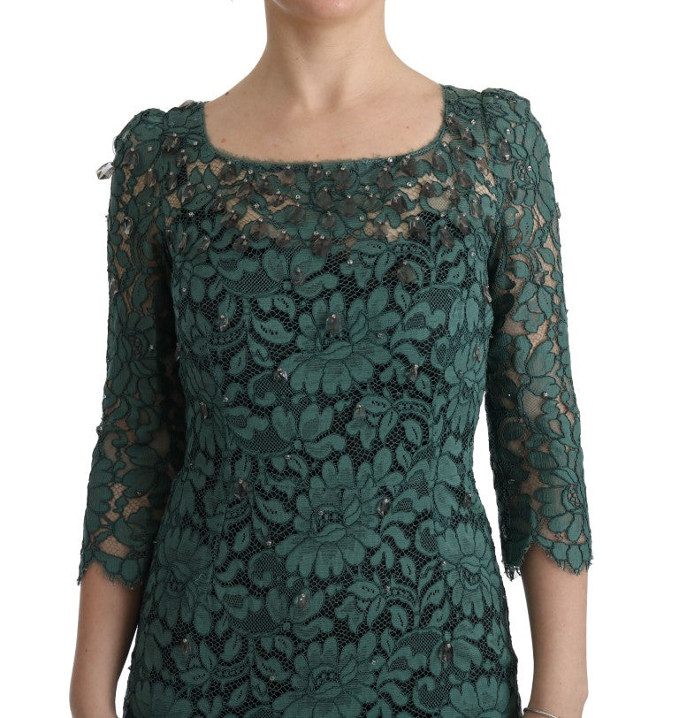 Robe fourreau Dolce &amp; Gabbana en cristal brodé floral vert.