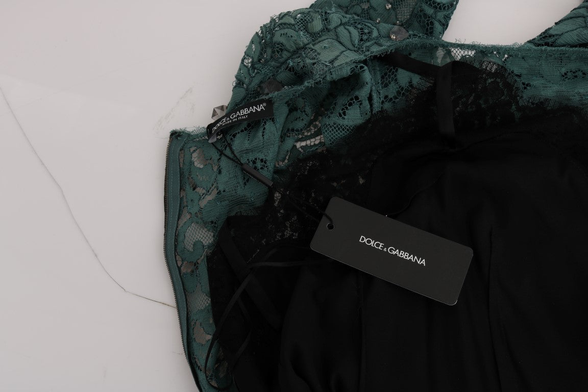 Robe fourreau Dolce &amp; Gabbana en cristal brodé floral vert.