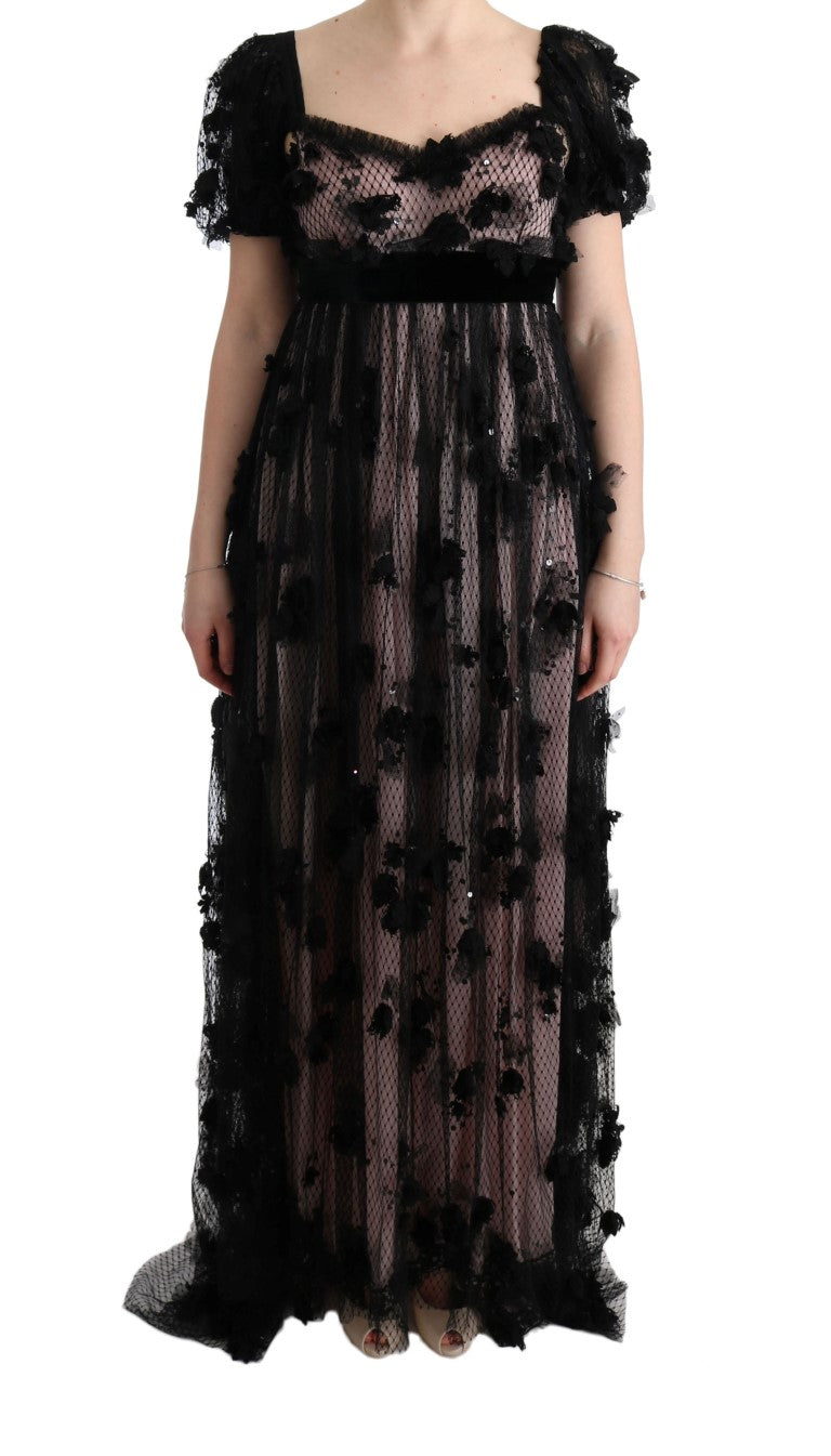 Robe chemise en soie noire et rose avec applications de Dolce &amp; Gabbana