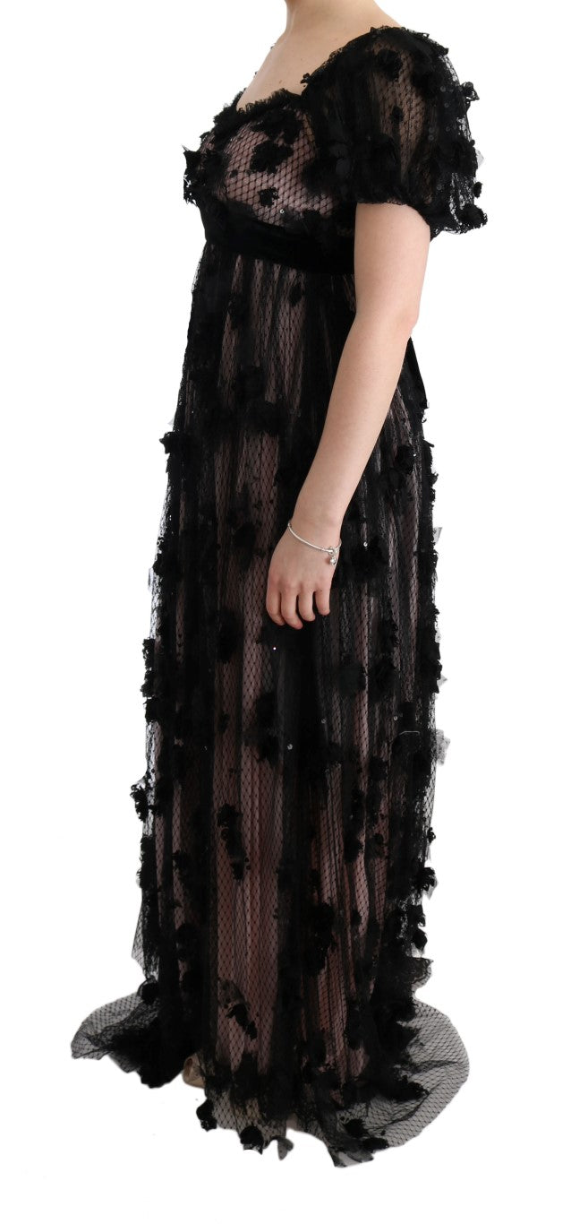 Robe chemise en soie noire et rose avec applications de Dolce &amp; Gabbana