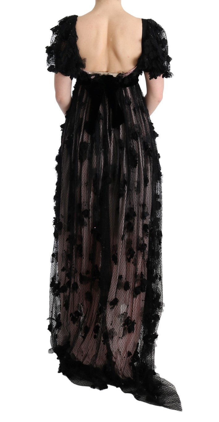 Robe chemise en soie noire et rose avec applications de Dolce &amp; Gabbana