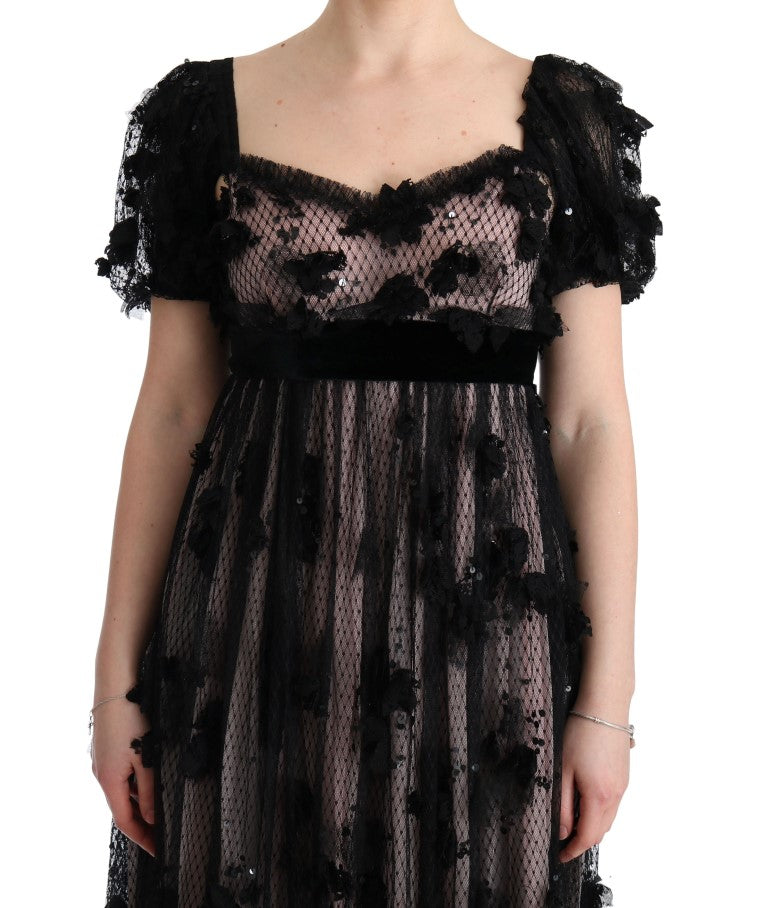 Robe chemise en soie noire et rose avec applications de Dolce &amp; Gabbana