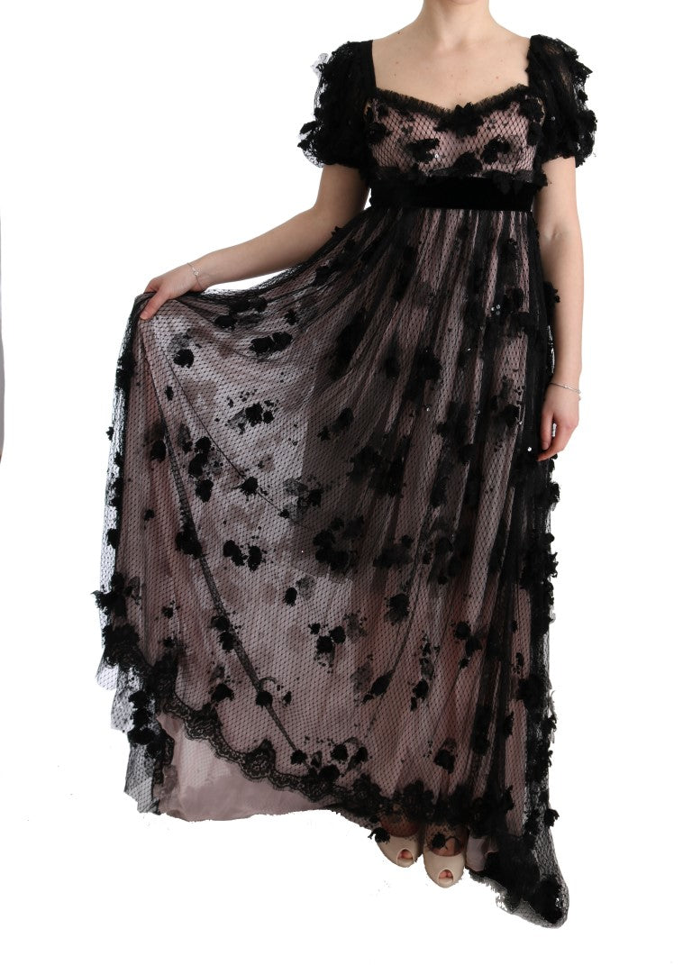Robe chemise en soie noire et rose avec applications de Dolce &amp; Gabbana