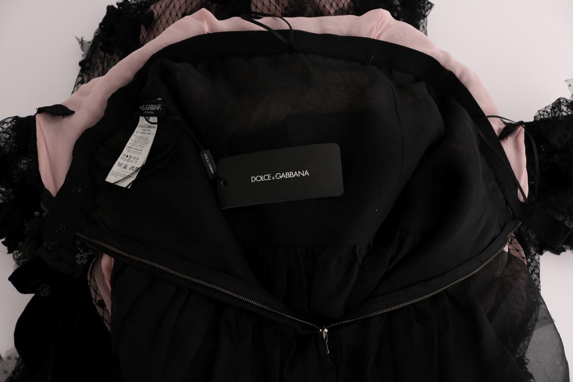 Robe chemise en soie noire et rose avec applications de Dolce &amp; Gabbana