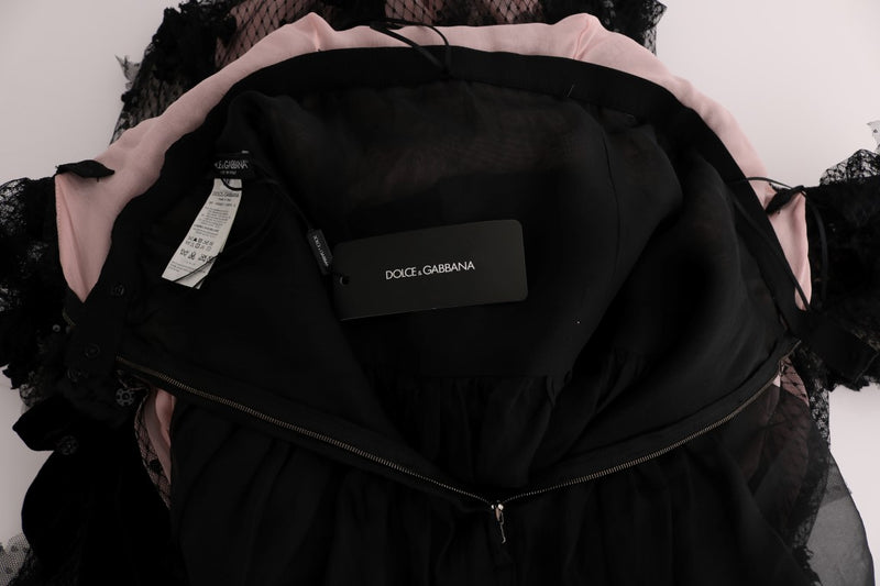 Robe chemise en soie noire et rose avec applications de Dolce &amp; Gabbana