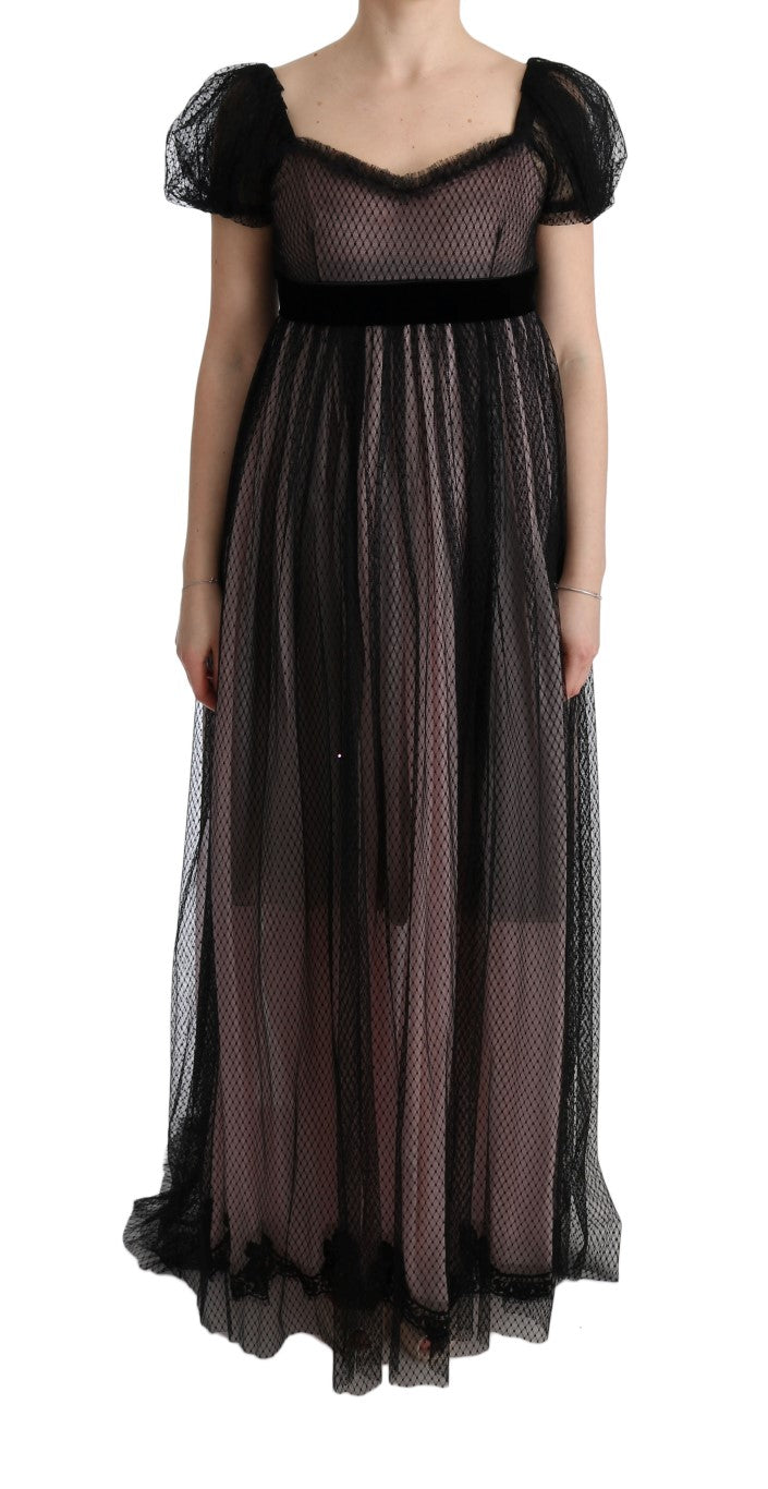 Robe longue portefeuille en soie noire et rose de Dolce &amp; Gabbana