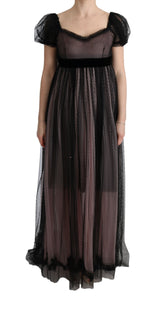 Robe longue portefeuille en soie noire et rose de Dolce &amp; Gabbana