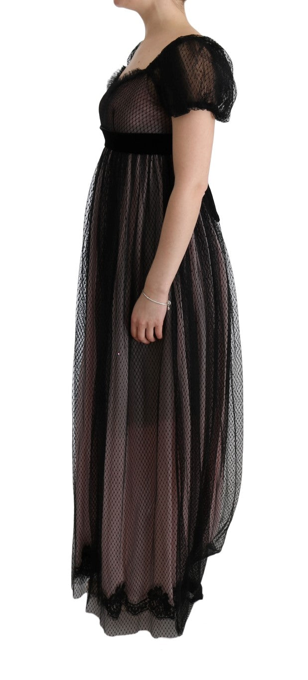 Robe longue portefeuille en soie noire et rose de Dolce &amp; Gabbana