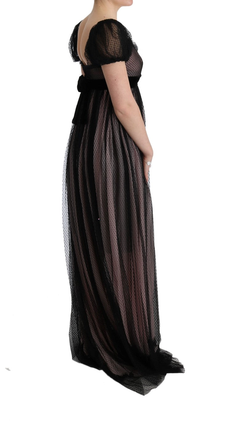 Robe longue portefeuille en soie noire et rose de Dolce &amp; Gabbana