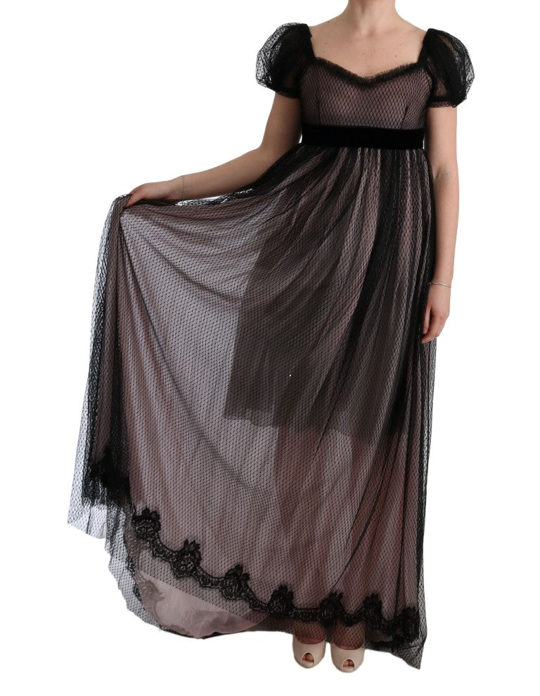 Robe longue portefeuille en soie noire et rose de Dolce &amp; Gabbana