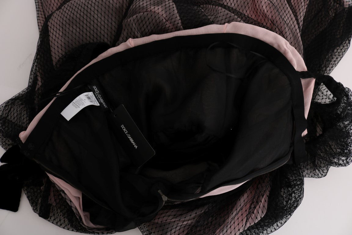 Robe longue portefeuille en soie noire et rose de Dolce &amp; Gabbana