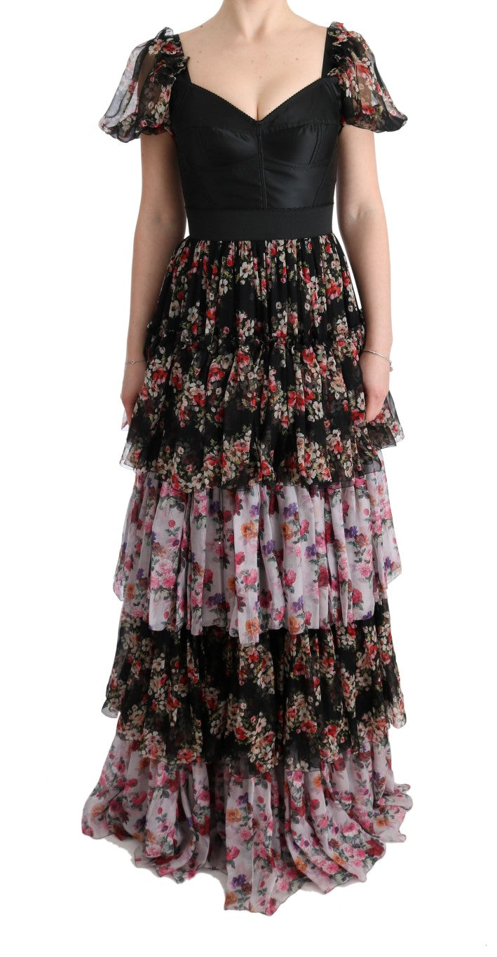 Robe longue ample à imprimé floral en soie extensible multicolore de Dolce &amp; Gabbana