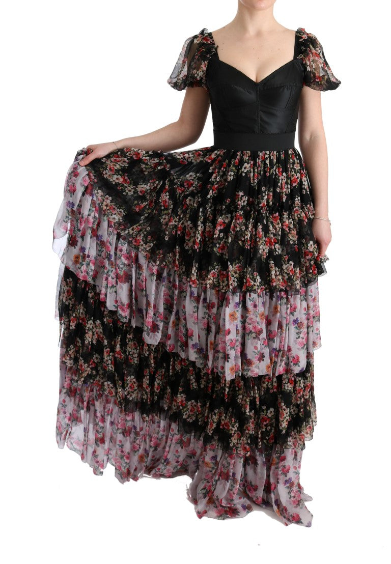 Robe longue ample à imprimé floral en soie extensible multicolore de Dolce &amp; Gabbana