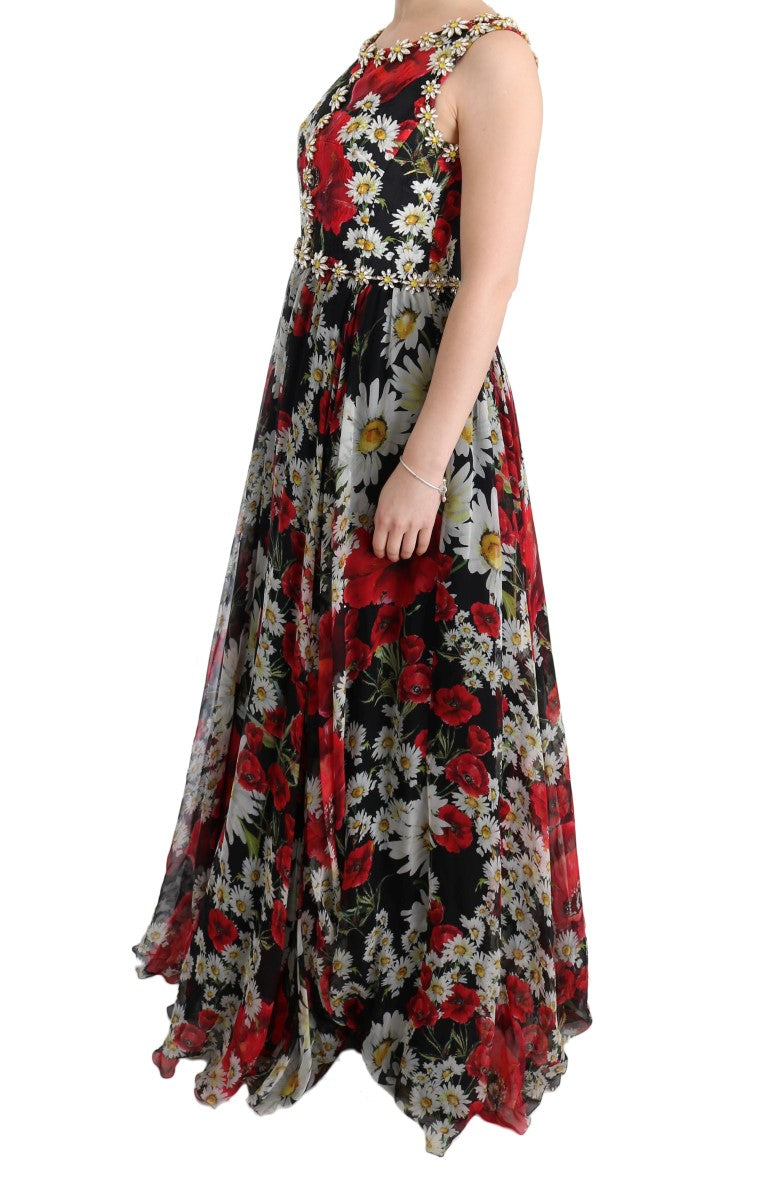 Robe longue maxi en soie multicolore à motifs floraux et cristaux de Dolce &amp; Gabbana