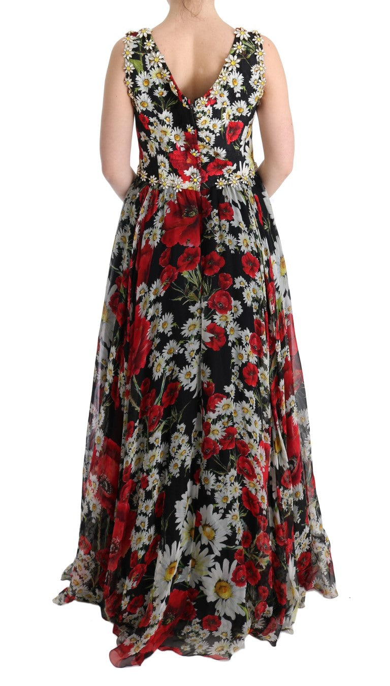 Robe longue maxi en soie multicolore à motifs floraux et cristaux de Dolce &amp; Gabbana