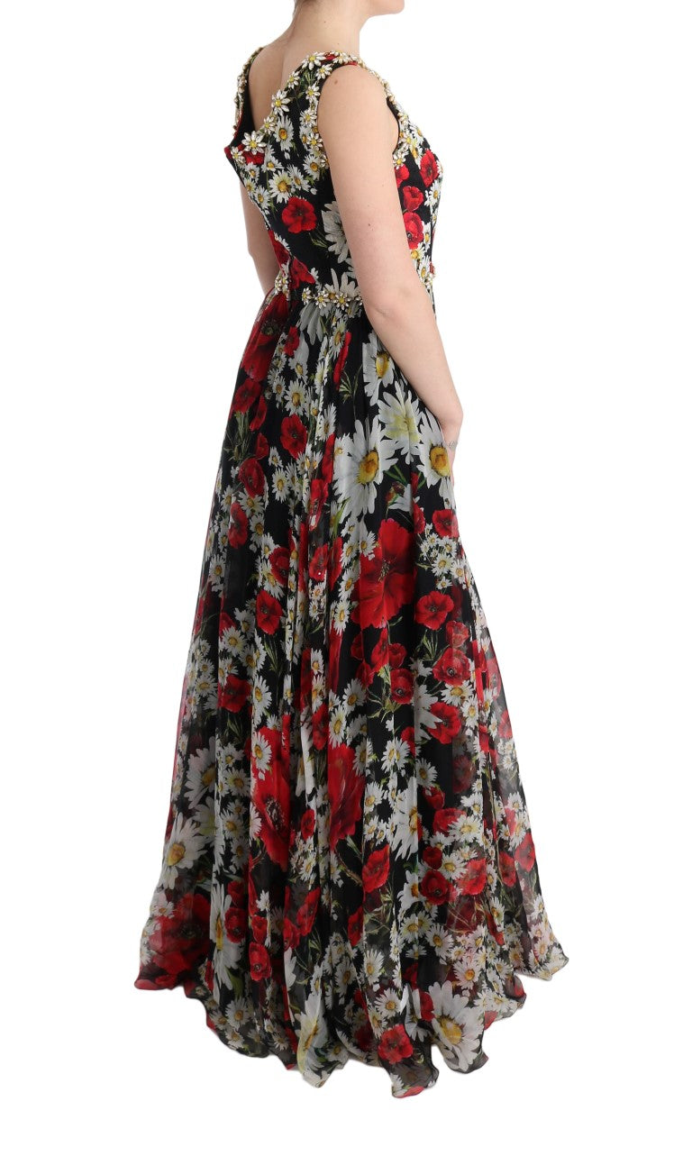 Robe longue maxi en soie multicolore à motifs floraux et cristaux de Dolce &amp; Gabbana