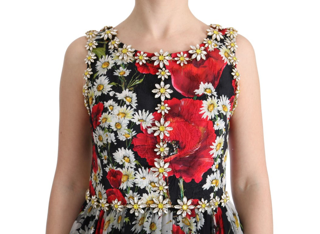 Robe longue maxi en soie multicolore à motifs floraux et cristaux de Dolce &amp; Gabbana
