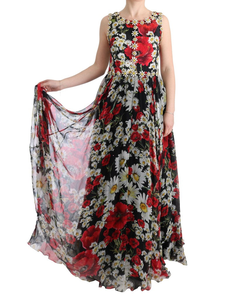 Robe longue maxi en soie multicolore à motifs floraux et cristaux de Dolce &amp; Gabbana