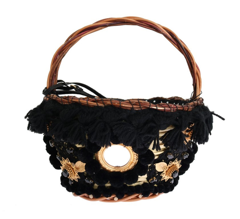 Sac AGNESE en paille beige et peau de serpent avec pompons et cristaux Dolce &amp; Gabbana