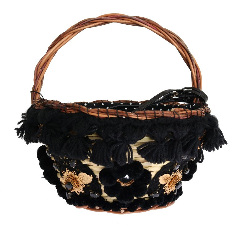 Sac AGNESE en paille beige et peau de serpent avec pompons et cristaux Dolce &amp; Gabbana