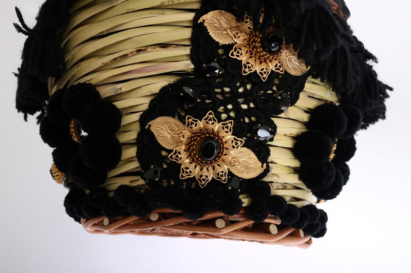 Sac AGNESE en paille beige et peau de serpent avec pompons et cristaux Dolce &amp; Gabbana