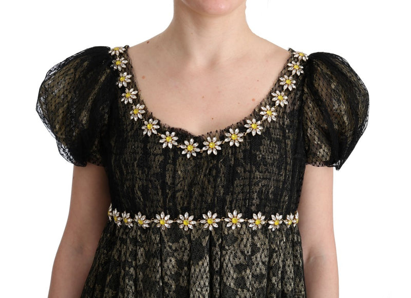 Robe chemise en dentelle à paillettes noires et jaunes de Dolce &amp; Gabbana