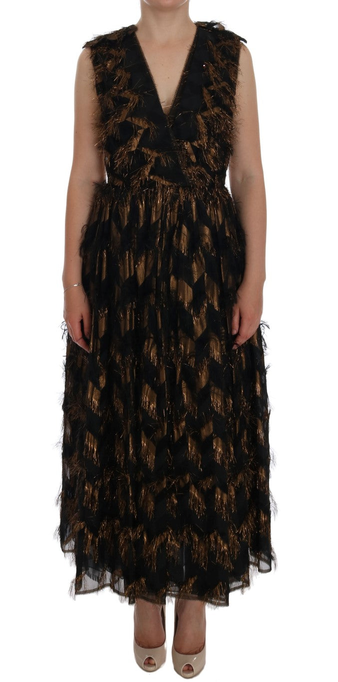 Robe trapèze en soie noire Dolce &amp; Gabbana avec franges marrons