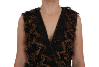 Robe trapèze en soie noire Dolce & Gabbana avec franges marrons
