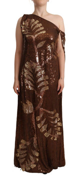 Dsquared² Brown Leaf Sequined One Shoulder Long Dress