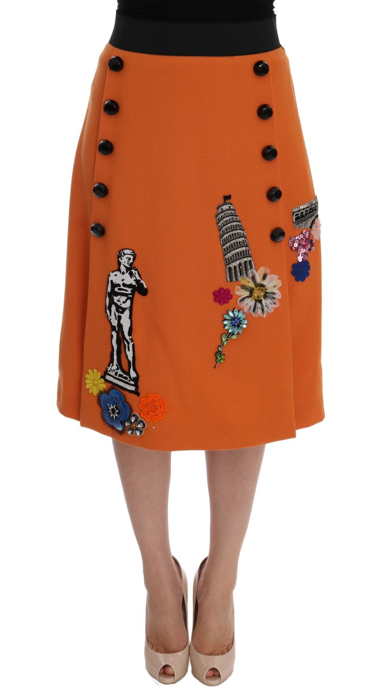Jupe Dolce &amp; Gabbana orange en laine avec appliques de cristaux et sequins