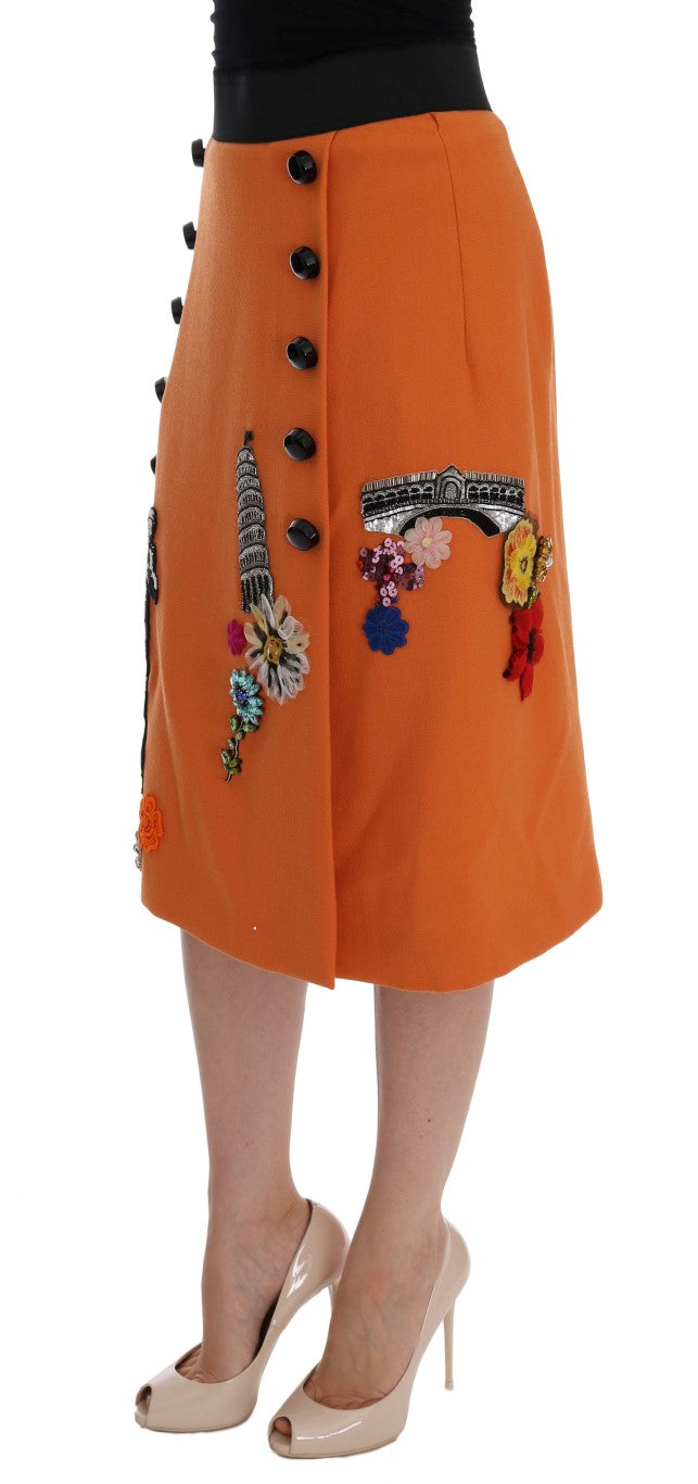 Jupe Dolce &amp; Gabbana orange en laine avec appliques de cristaux et sequins