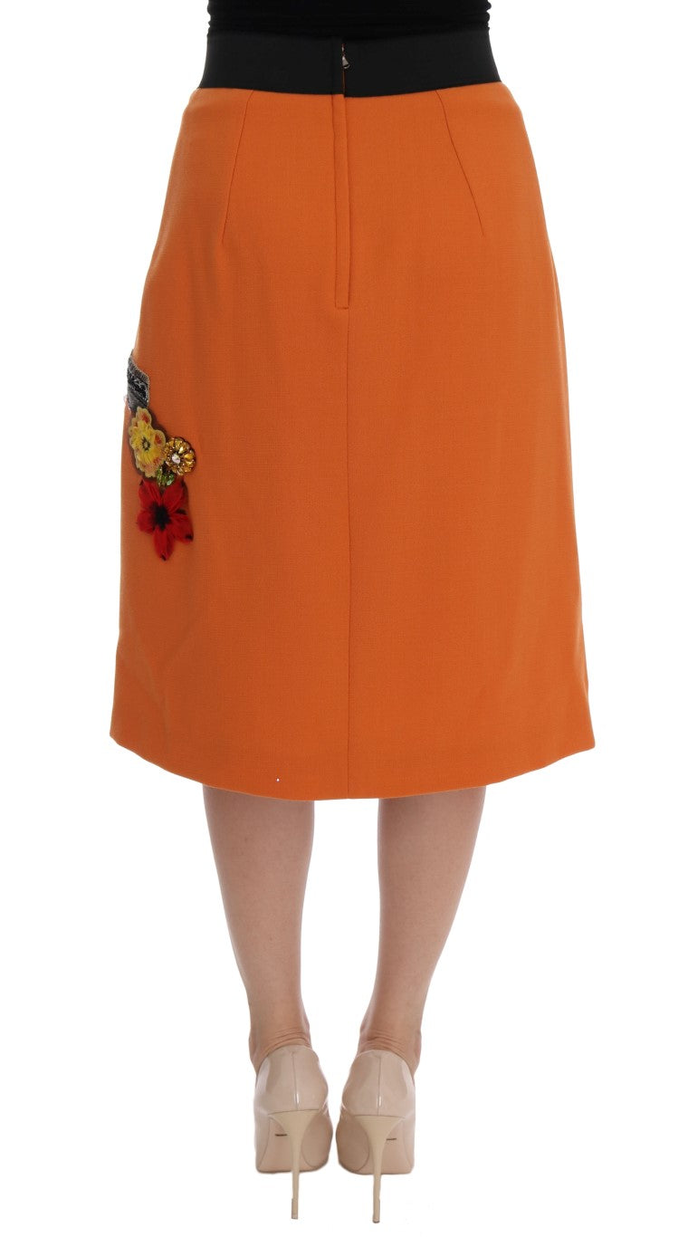 Jupe Dolce &amp; Gabbana orange en laine avec appliques de cristaux et sequins