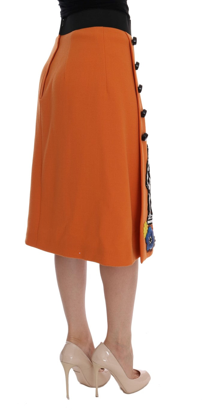 Jupe Dolce &amp; Gabbana orange en laine avec appliques de cristaux et sequins