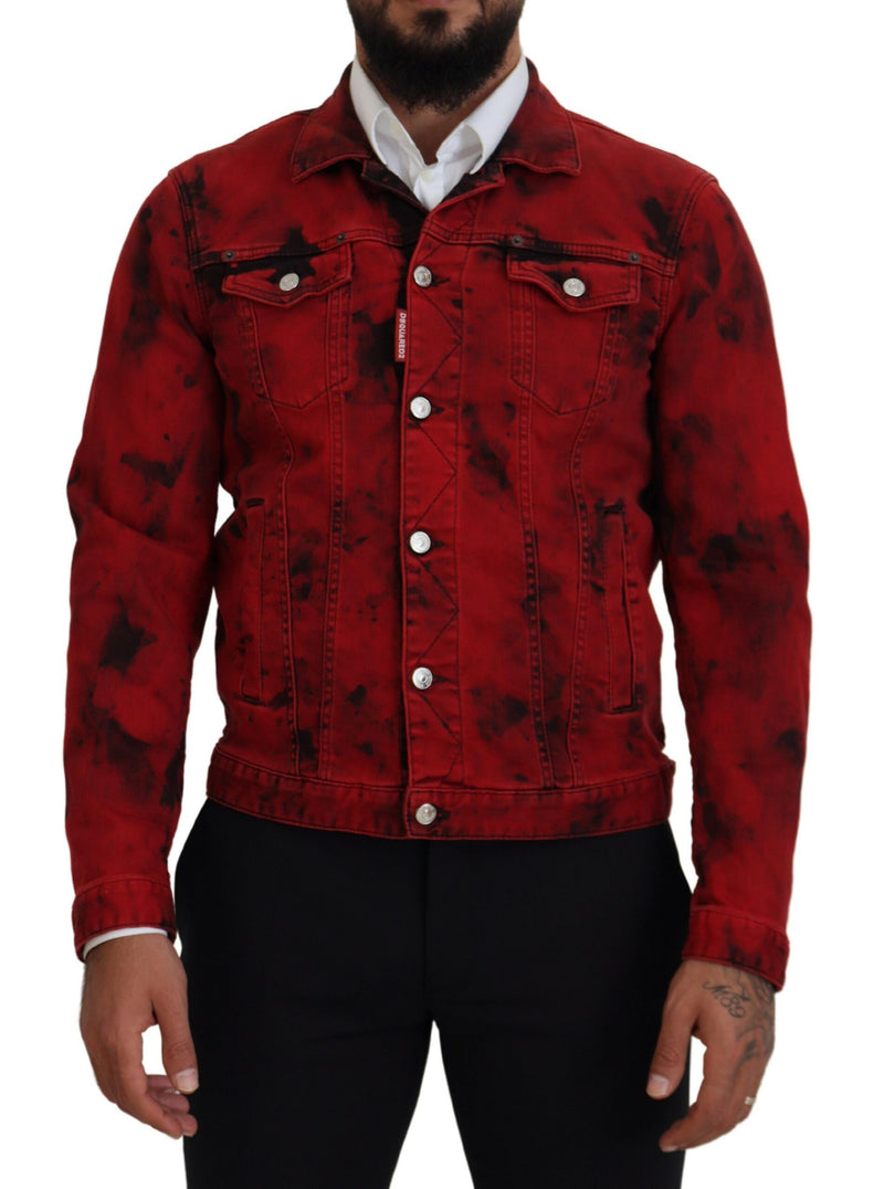 Veste en jean homme Dsquared² à col chemise, rouge et noire, effet tie-dye.
