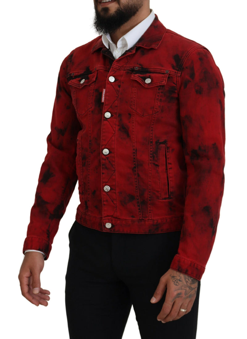 Veste en jean homme Dsquared² à col chemise, rouge et noire, effet tie-dye.
